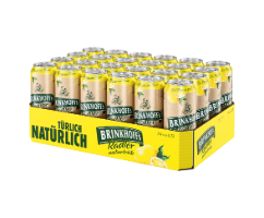 Mehrere naturtrübes Radler Bierdosen sind nebeneinander in einer Verpackung angeordnet.