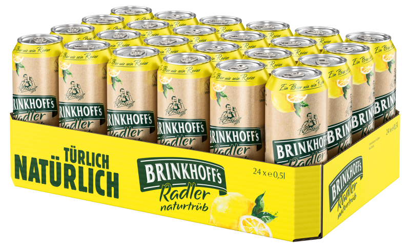 Mehrere naturtrübes Radler Bierdosen sind nebeneinander in einer Verpackung angeordnet.