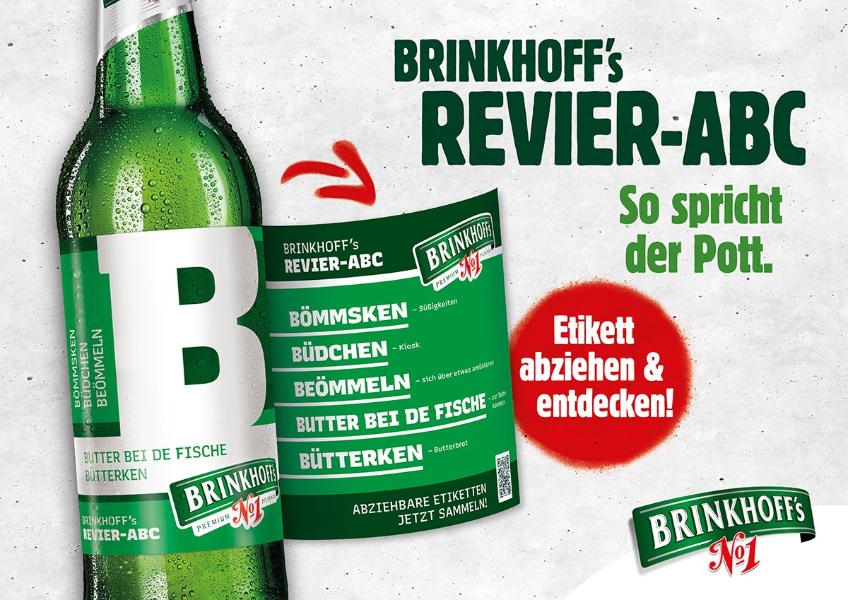 Eine Flasche mit grünem Etikett und Wassertropfen ist umgeben von Textfeldern.