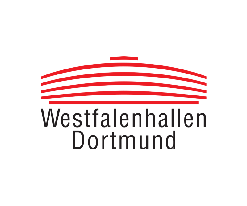 Rotes Logo mit geschwungenen Linien über dem Text einer Veranstaltungshalle.