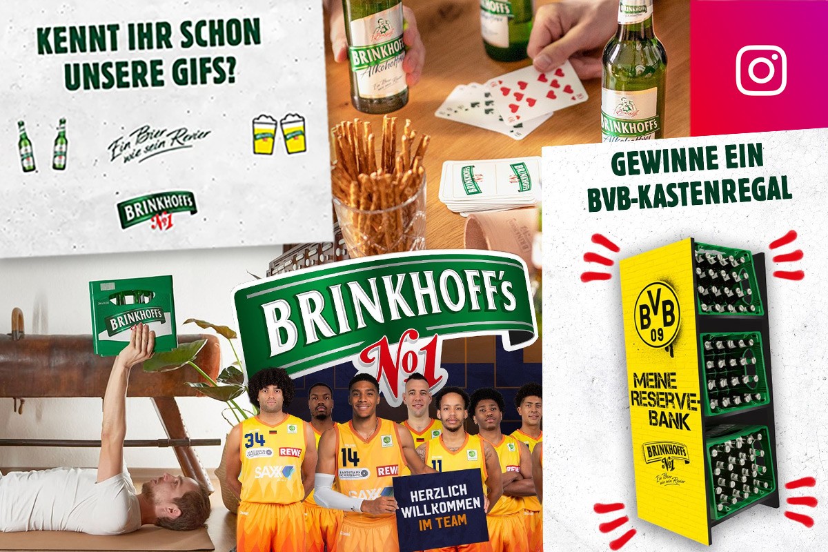 Eine Collage zeigt verschiedene Werbeaktionen für ein Bier, darunter Menschen, die Bierflaschen halten und ein Basketballteam.